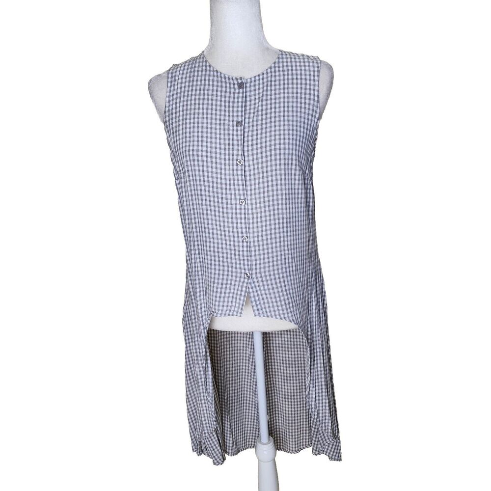 Kal Rieman Button Front Top Tunic Gingham Stone Gray White Womens Size 4 $295